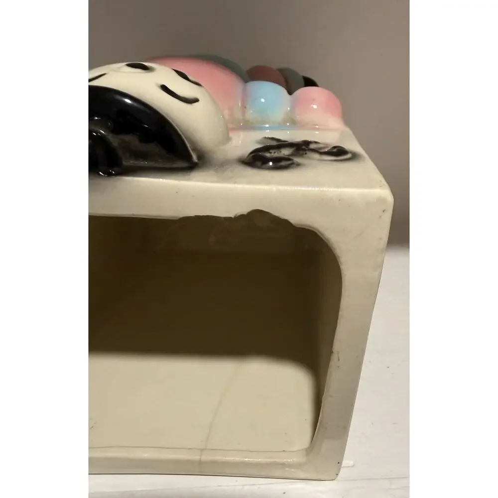 Vintage American Bisque Candy Cane Snowman Puppet Blue Pink Cookie Jar w/Lid